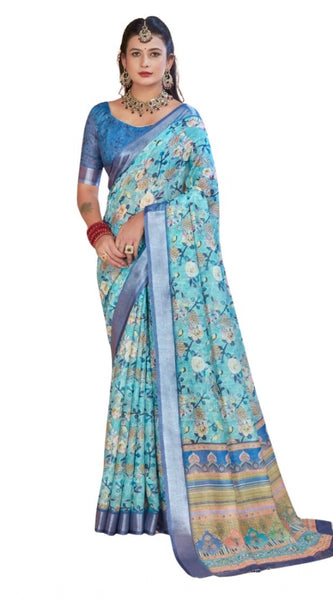 Mayawye Women's Printed Cotton Linen Saree withPrinted  Saree With Unstitched Blouse (Light Blue, 5-6Mtrs)