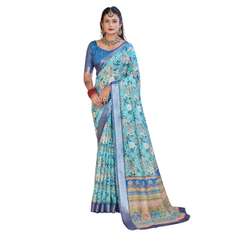 Mayawye Women's Printed Cotton Linen Saree withPrinted  Saree With Unstitched Blouse (Light Blue, 5-6Mtrs)