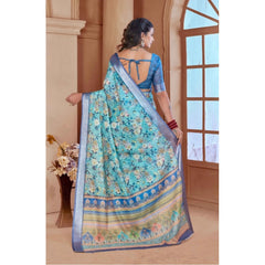 Mayawye Women's Printed Cotton Linen Saree withPrinted  Saree With Unstitched Blouse (Light Blue, 5-6Mtrs)