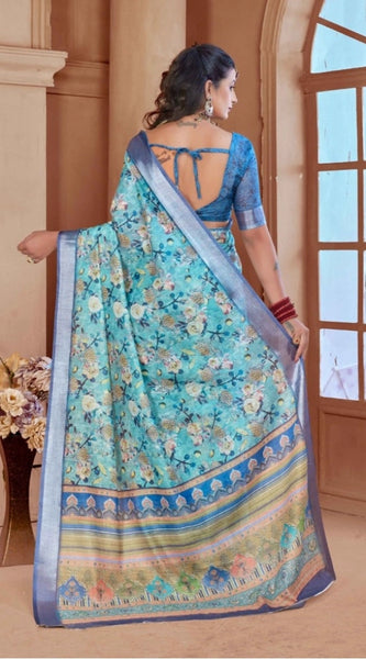 Mayawye Women's Printed Cotton Linen Saree withPrinted  Saree With Unstitched Blouse (Light Blue, 5-6Mtrs)