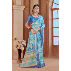 Mayawye Women's Printed Cotton Linen Saree withPrinted  Saree With Unstitched Blouse (Light Blue, 5-6Mtrs)
