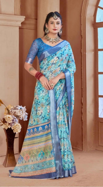 Mayawye Women's Printed Cotton Linen Saree withPrinted  Saree With Unstitched Blouse (Light Blue, 5-6Mtrs)