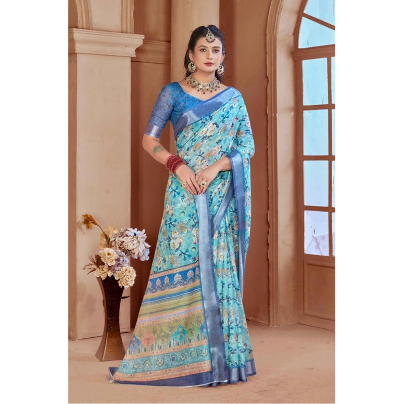 Mayawye Women's Printed Cotton Linen Saree withPrinted  Saree With Unstitched Blouse (Light Blue, 5-6Mtrs)