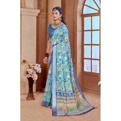 Mayawye Women's Printed Cotton Linen Saree withPrinted  Saree With Unstitched Blouse (Light Blue, 5-6Mtrs)