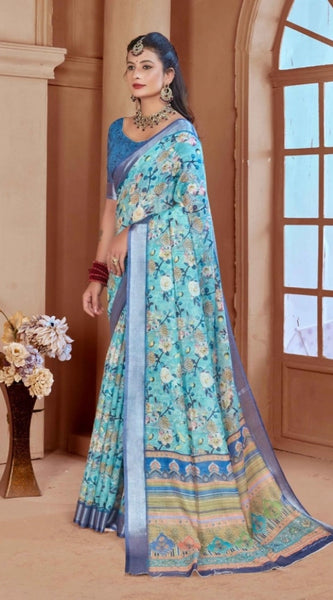 Mayawye Women's Printed Cotton Linen Saree withPrinted  Saree With Unstitched Blouse (Light Blue, 5-6Mtrs)