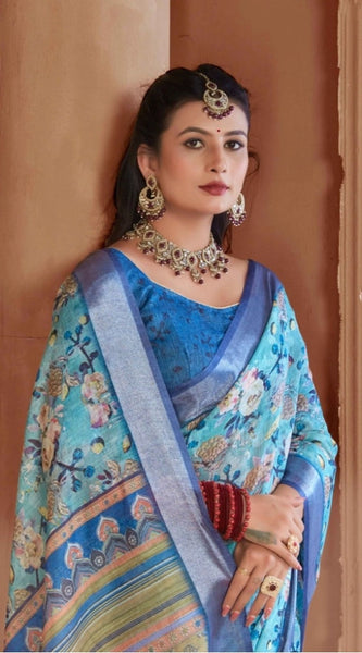 Mayawye Women's Printed Cotton Linen Saree withPrinted  Saree With Unstitched Blouse (Light Blue, 5-6Mtrs)