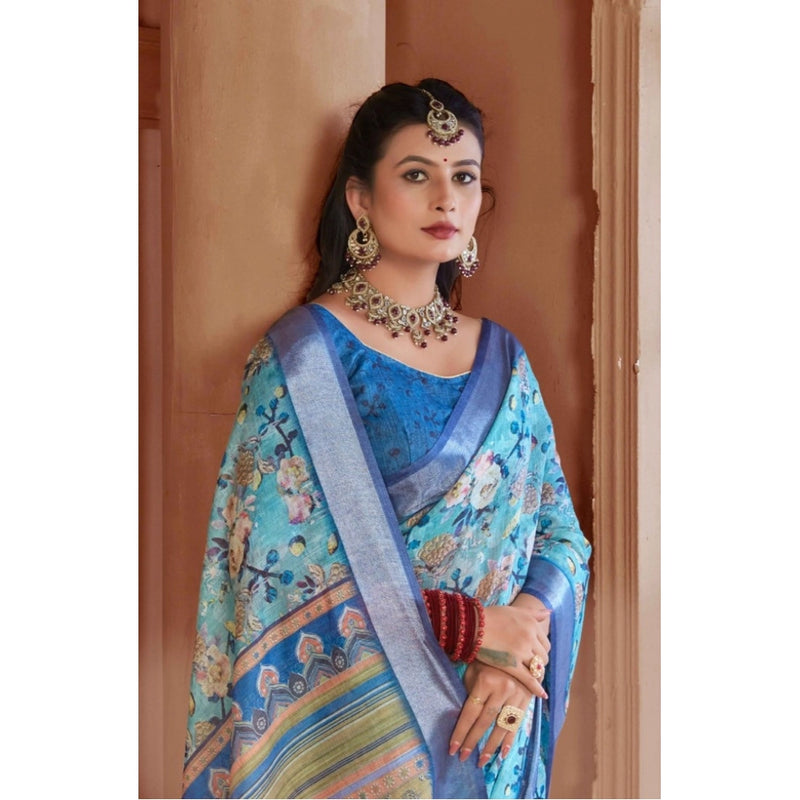Mayawye Women's Printed Cotton Linen Saree withPrinted  Saree With Unstitched Blouse (Light Blue, 5-6Mtrs)