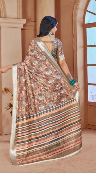 Mayawye Women's Printed Cotton Linen Saree withPrinted  Saree With Unstitched Blouse (Brown , 5-6Mtrs)