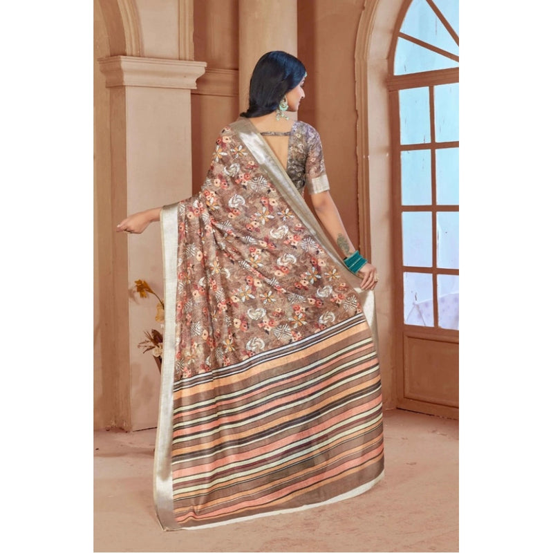 Mayawye Women's Printed Cotton Linen Saree withPrinted  Saree With Unstitched Blouse (Brown , 5-6Mtrs)