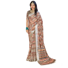 Mayawye Women's Printed Cotton Linen Saree withPrinted  Saree With Unstitched Blouse (Brown , 5-6Mtrs)