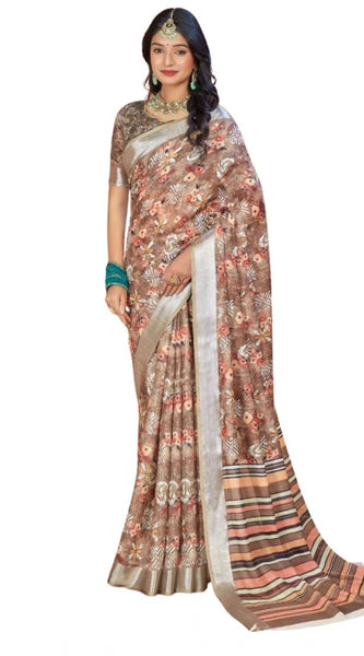 Mayawye Women's Printed Cotton Linen Saree withPrinted  Saree With Unstitched Blouse (Brown , 5-6Mtrs)