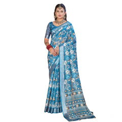 Mayawye Women's Printed Cotton Linen Saree withPrinted  Saree With Unstitched Blouse (Blue, 5-6Mtrs)