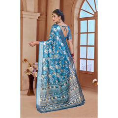 Mayawye Women's Printed Cotton Linen Saree withPrinted  Saree With Unstitched Blouse (Blue, 5-6Mtrs)