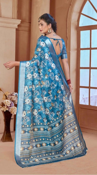 Mayawye Women's Printed Cotton Linen Saree withPrinted  Saree With Unstitched Blouse (Blue, 5-6Mtrs)