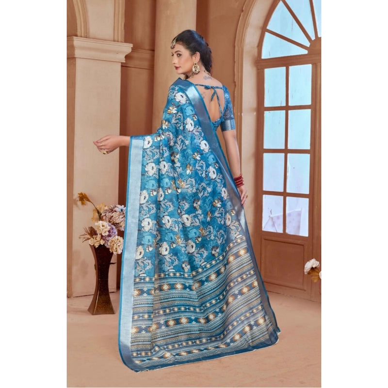 Mayawye Women's Printed Cotton Linen Saree withPrinted  Saree With Unstitched Blouse (Blue, 5-6Mtrs)