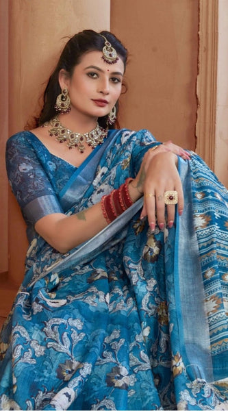 Mayawye Women's Printed Cotton Linen Saree withPrinted  Saree With Unstitched Blouse (Blue, 5-6Mtrs)