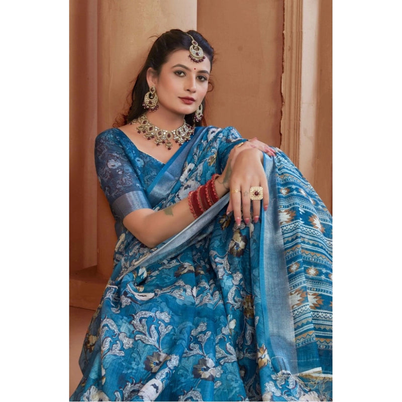 Mayawye Women's Printed Cotton Linen Saree withPrinted  Saree With Unstitched Blouse (Blue, 5-6Mtrs)