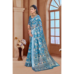 Mayawye Women's Printed Cotton Linen Saree withPrinted  Saree With Unstitched Blouse (Blue, 5-6Mtrs)