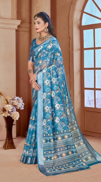 Mayawye Women's Printed Cotton Linen Saree withPrinted  Saree With Unstitched Blouse (Blue, 5-6Mtrs)