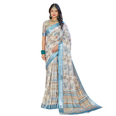 Mayawye Women's Printed Cotton Linen Saree withPrinted  Saree With Unstitched Blouse (Beige , 5-6Mtrs)
