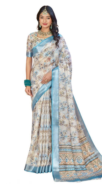 Mayawye Women's Printed Cotton Linen Saree withPrinted  Saree With Unstitched Blouse (Beige , 5-6Mtrs)