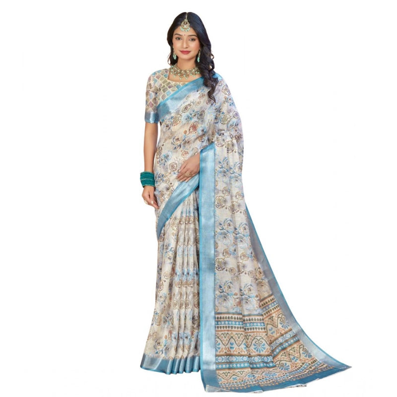 Mayawye Women's Printed Cotton Linen Saree withPrinted  Saree With Unstitched Blouse (Beige , 5-6Mtrs)