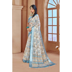 Mayawye Women's Printed Cotton Linen Saree withPrinted  Saree With Unstitched Blouse (Beige , 5-6Mtrs)
