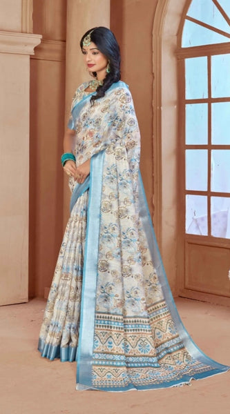 Mayawye Women's Printed Cotton Linen Saree withPrinted  Saree With Unstitched Blouse (Beige , 5-6Mtrs)