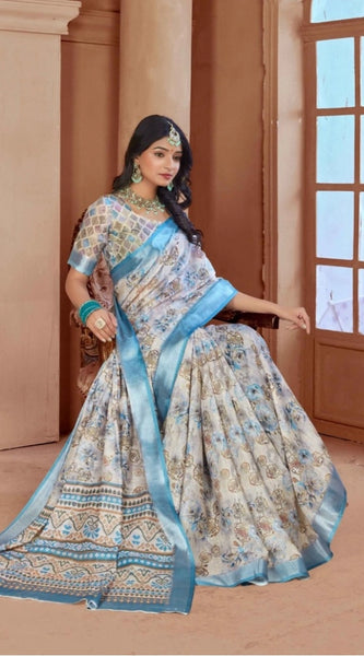Mayawye Women's Printed Cotton Linen Saree withPrinted  Saree With Unstitched Blouse (Beige , 5-6Mtrs)