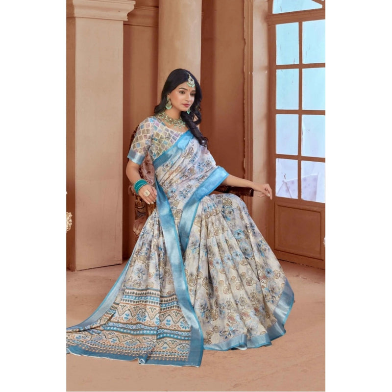 Mayawye Women's Printed Cotton Linen Saree withPrinted  Saree With Unstitched Blouse (Beige , 5-6Mtrs)