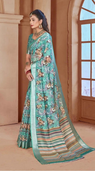 Mayawye Women's Printed Cotton Linen Saree withPrinted  Saree With Unstitched Blouse (Mint Green, 5-6Mtrs)