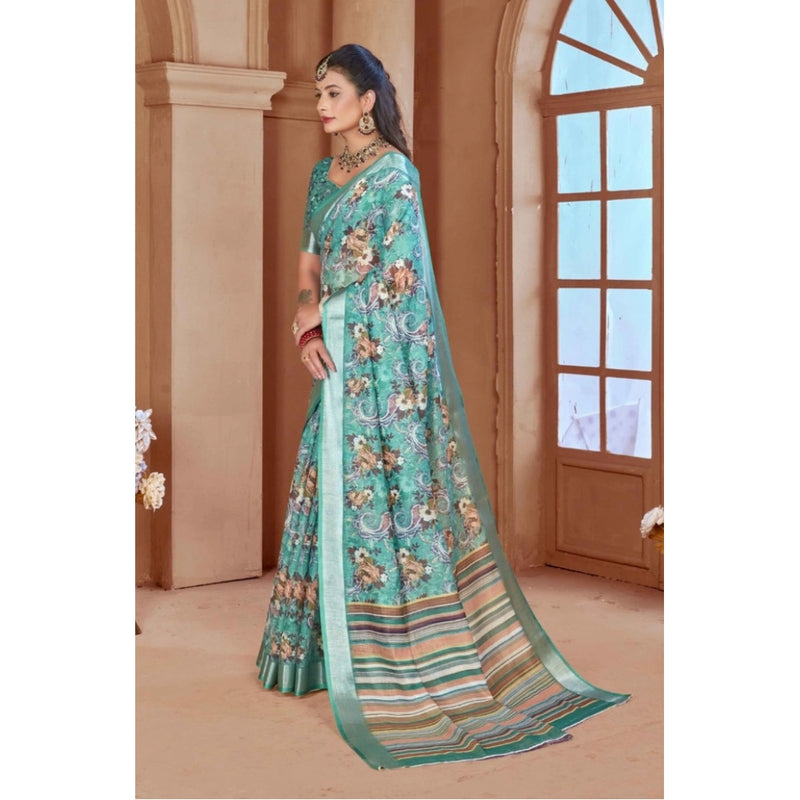 Mayawye Women's Printed Cotton Linen Saree withPrinted  Saree With Unstitched Blouse (Mint Green, 5-6Mtrs)