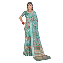 Mayawye Women's Printed Cotton Linen Saree withPrinted  Saree With Unstitched Blouse (Mint Green, 5-6Mtrs)
