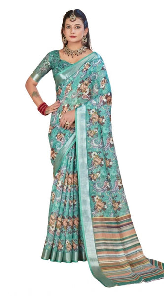 Mayawye Women's Printed Cotton Linen Saree withPrinted  Saree With Unstitched Blouse (Mint Green, 5-6Mtrs)
