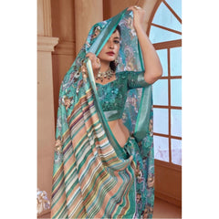 Mayawye Women's Printed Cotton Linen Saree withPrinted  Saree With Unstitched Blouse (Mint Green, 5-6Mtrs)
