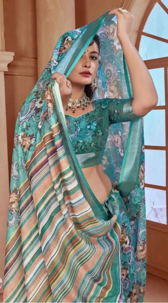 Mayawye Women's Printed Cotton Linen Saree withPrinted  Saree With Unstitched Blouse (Mint Green, 5-6Mtrs)