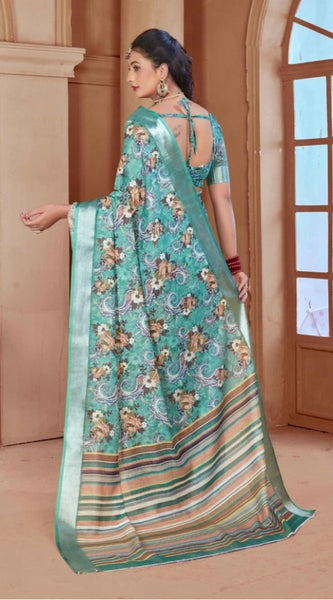 Mayawye Women's Printed Cotton Linen Saree withPrinted  Saree With Unstitched Blouse (Mint Green, 5-6Mtrs)