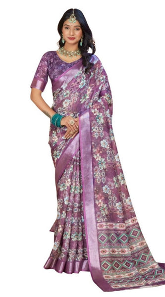 Mayawye Women's Printed Cotton Linen Saree withPrinted  Saree With Unstitched Blouse (Purple, 5-6Mtrs)