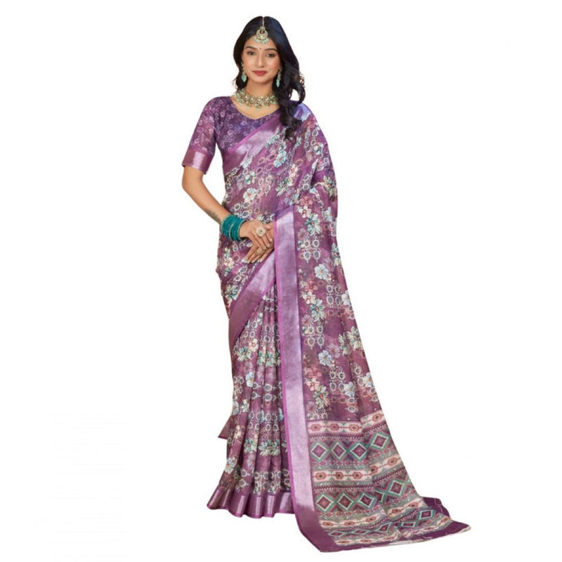 Mayawye Women's Printed Cotton Linen Saree withPrinted  Saree With Unstitched Blouse (Purple, 5-6Mtrs)