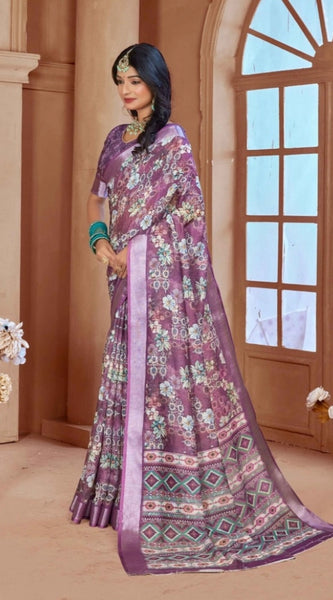 Mayawye Women's Printed Cotton Linen Saree withPrinted  Saree With Unstitched Blouse (Purple, 5-6Mtrs)
