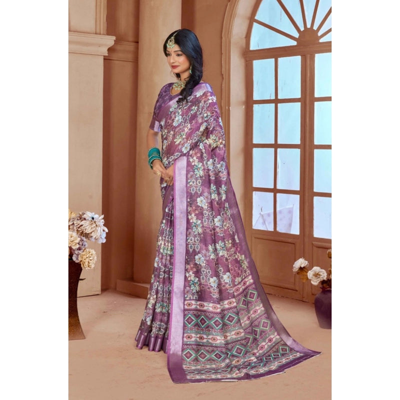 Mayawye Women's Printed Cotton Linen Saree withPrinted  Saree With Unstitched Blouse (Purple, 5-6Mtrs)