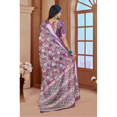 Mayawye Women's Printed Cotton Linen Saree withPrinted  Saree With Unstitched Blouse (Purple, 5-6Mtrs)