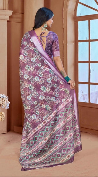 Mayawye Women's Printed Cotton Linen Saree withPrinted  Saree With Unstitched Blouse (Purple, 5-6Mtrs)