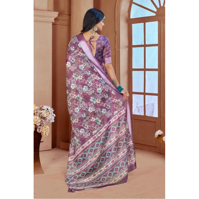 Mayawye Women's Printed Cotton Linen Saree withPrinted  Saree With Unstitched Blouse (Purple, 5-6Mtrs)