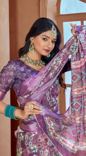 Mayawye Women's Printed Cotton Linen Saree withPrinted  Saree With Unstitched Blouse (Purple, 5-6Mtrs)