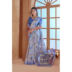 Mayawye Women's Printed Cotton Linen Saree withPrinted  Saree With Unstitched Blouse (Blue, 5-6Mtrs)