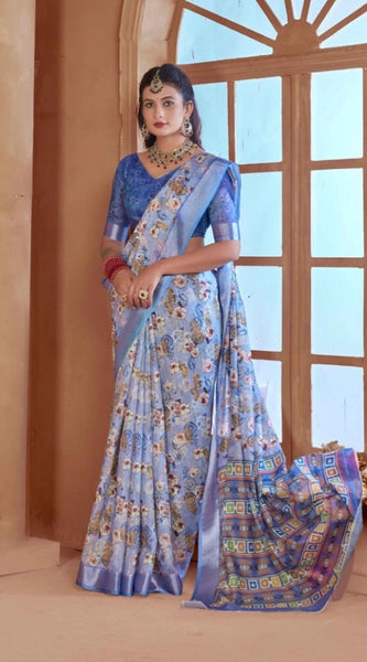 Mayawye Women's Printed Cotton Linen Saree withPrinted  Saree With Unstitched Blouse (Blue, 5-6Mtrs)