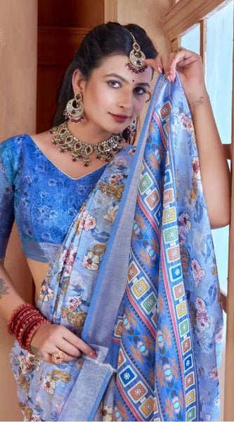 Mayawye Women's Printed Cotton Linen Saree withPrinted  Saree With Unstitched Blouse (Blue, 5-6Mtrs)