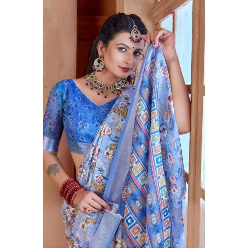 Mayawye Women's Printed Cotton Linen Saree withPrinted  Saree With Unstitched Blouse (Blue, 5-6Mtrs)