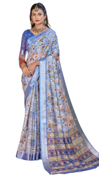 Mayawye Women's Printed Cotton Linen Saree withPrinted  Saree With Unstitched Blouse (Blue, 5-6Mtrs)